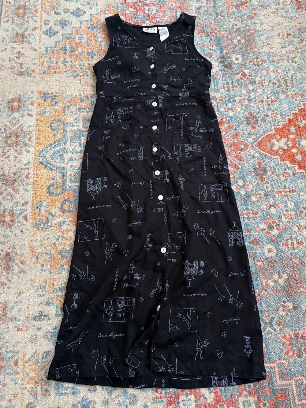 Erika vintage 90s linen sleeveless print button-down dress